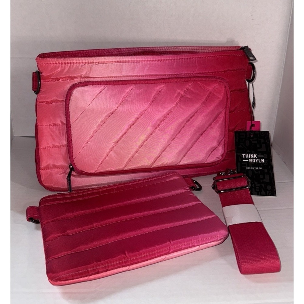 THINK ROYLN Quilted Pink Crossbody Bag with Detachable Strap and Pouch